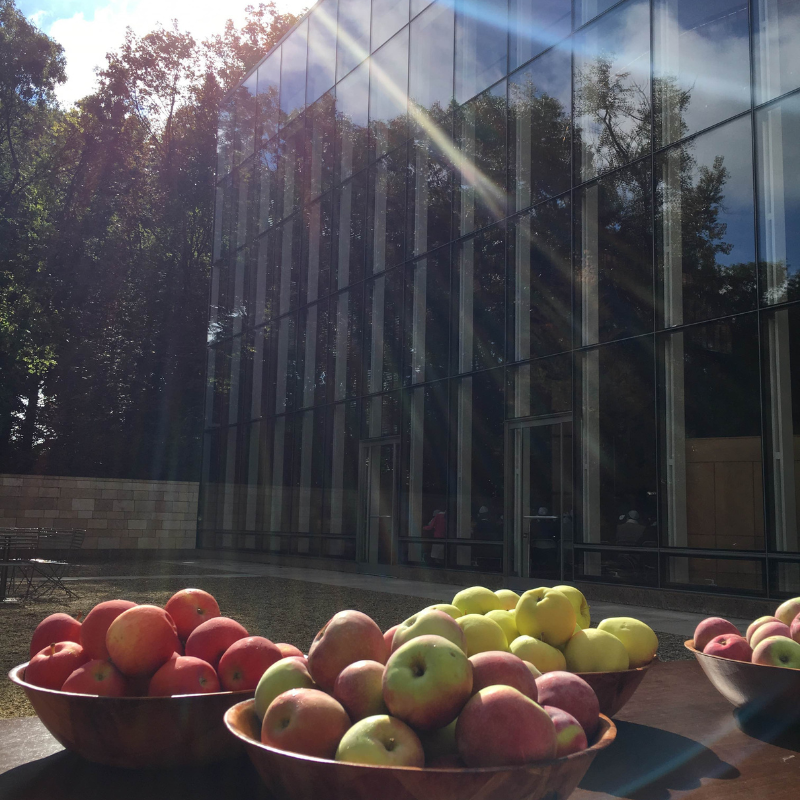 Bowls of apples on tables in front of the TBE courtyard as we celebrate Rosh Hashanah