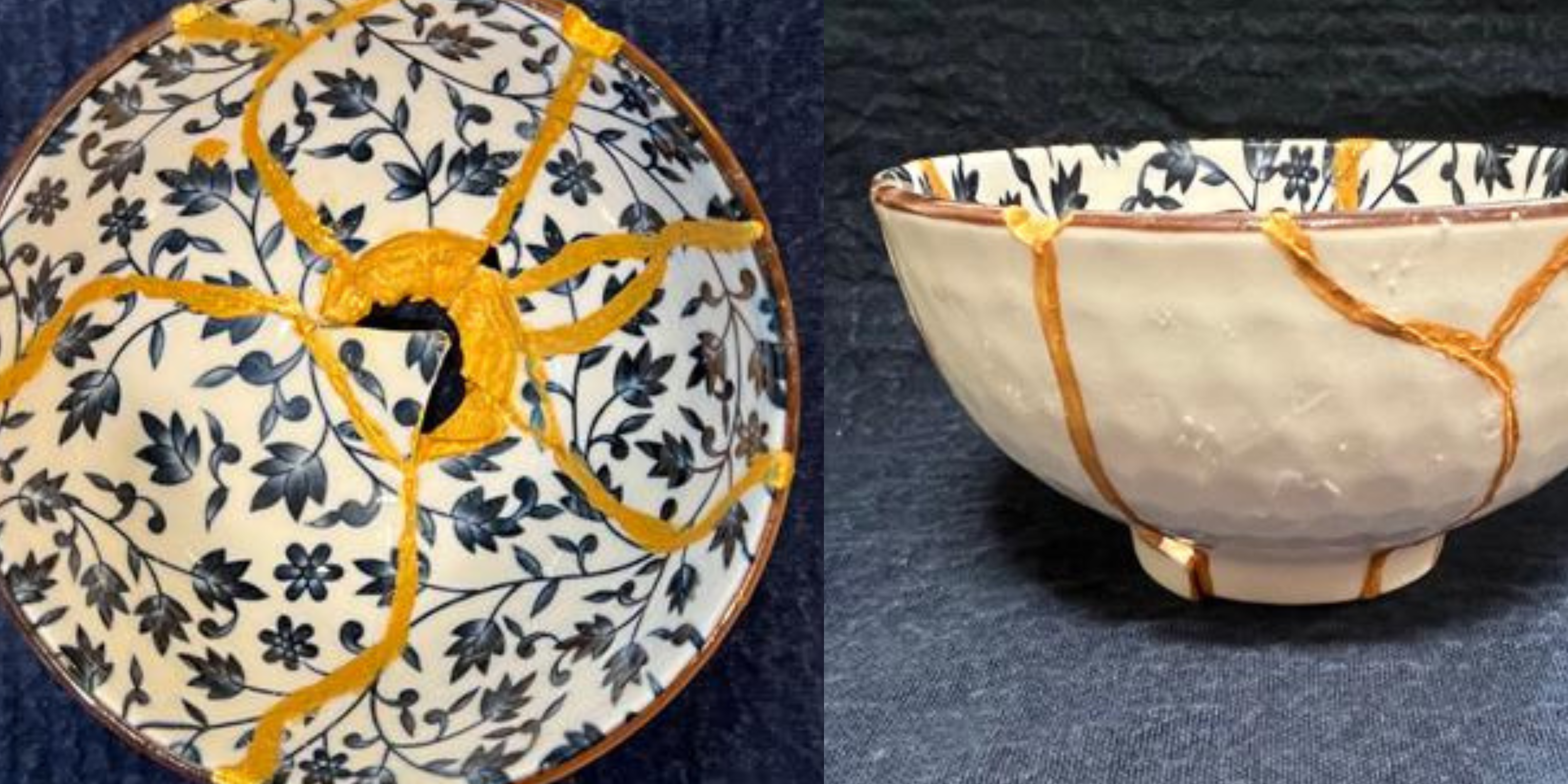 Kintsugi pottery broken and repaired with gold